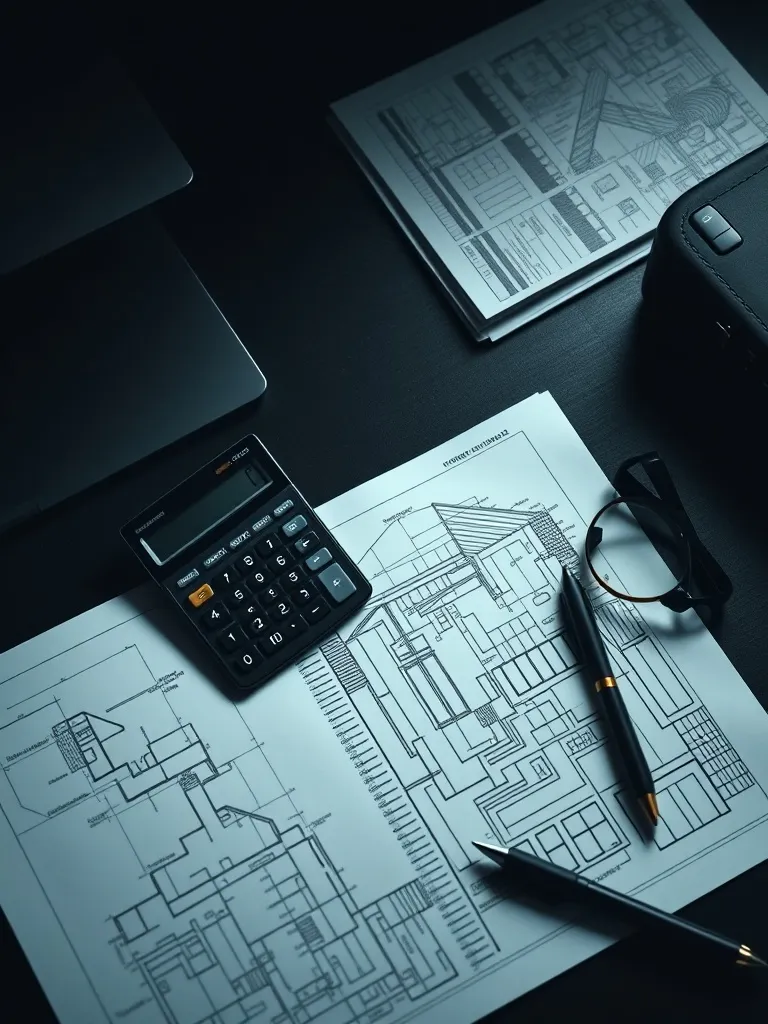 Professional dark office desk with a calculator, notebook, a