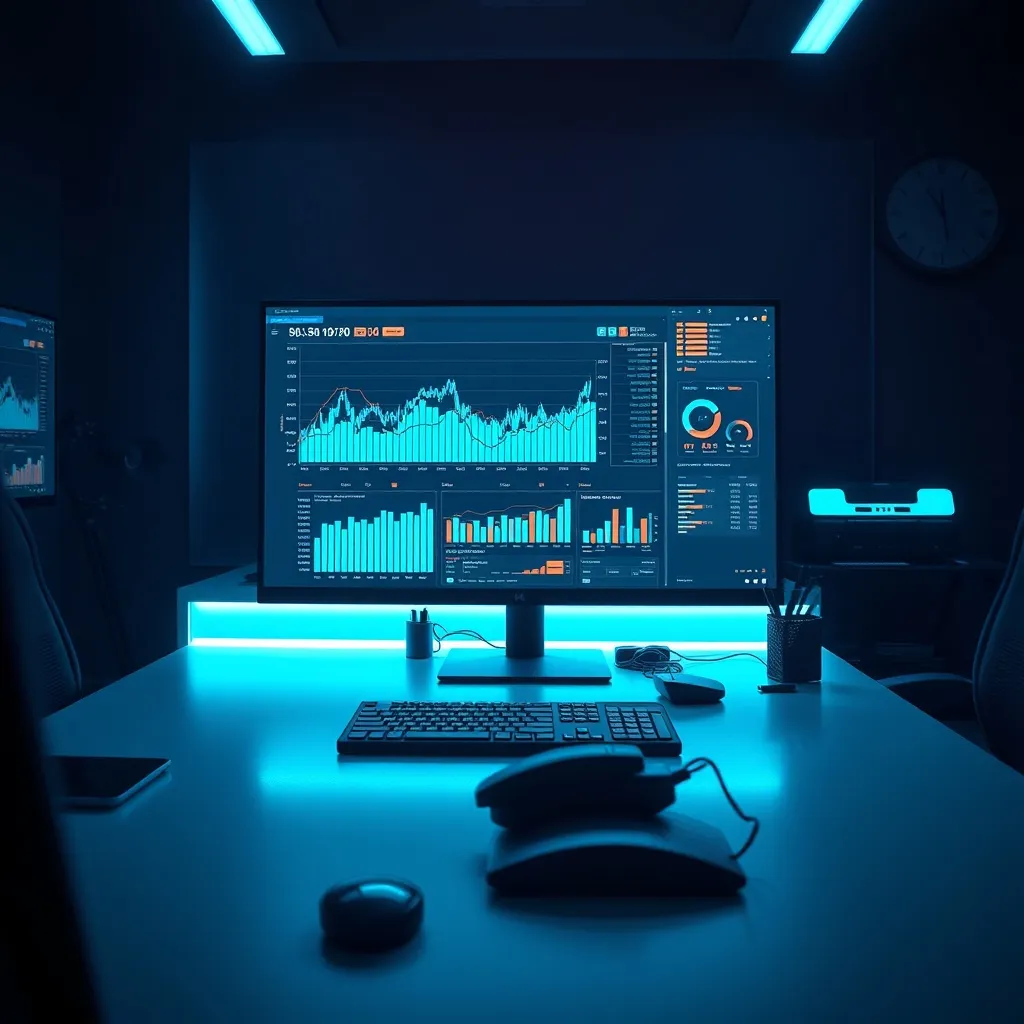 High-tech office desk with financial charts on a monitor, da