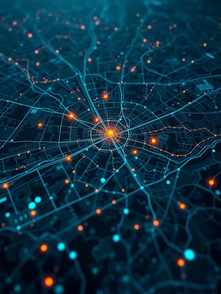 Abstract visualization of a city map integrated with glowing