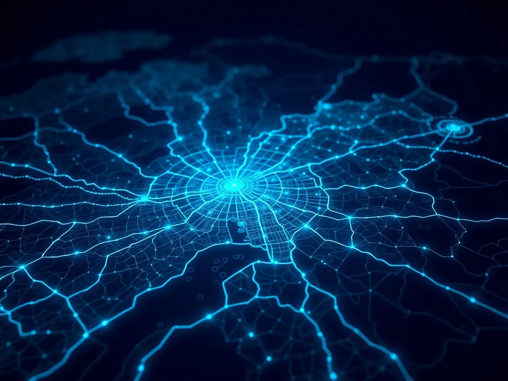 A high-tech digital representation of a city map with glowin