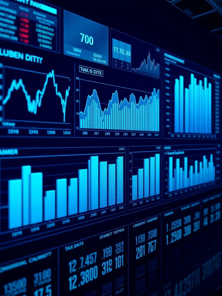 A high-tech digital display showing financial charts, tax da